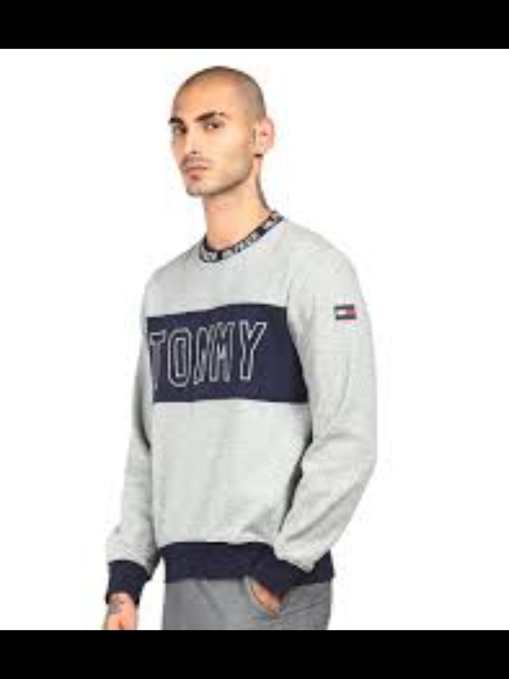Tommy Hilfiger Sweatshirt Men's Size L Gray Navy Blue Color Block Crewneck Logo